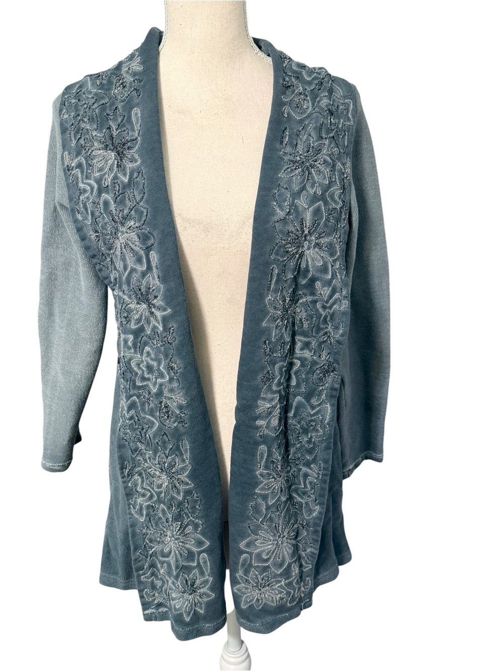Soft Surroundings Blue French Terry Embroidered Cardigan Sweater‎ XS 2CQ92